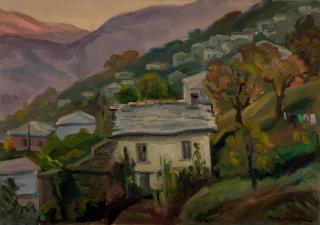 Zagora, View at Dusk — Oil painting, Canvas, 46.00×65.00cm — Theodoros Markellos